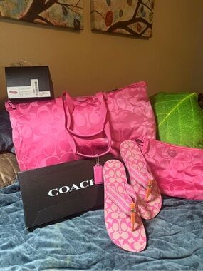 Coach Pink Signature Tote, Pouch & Flip Flops